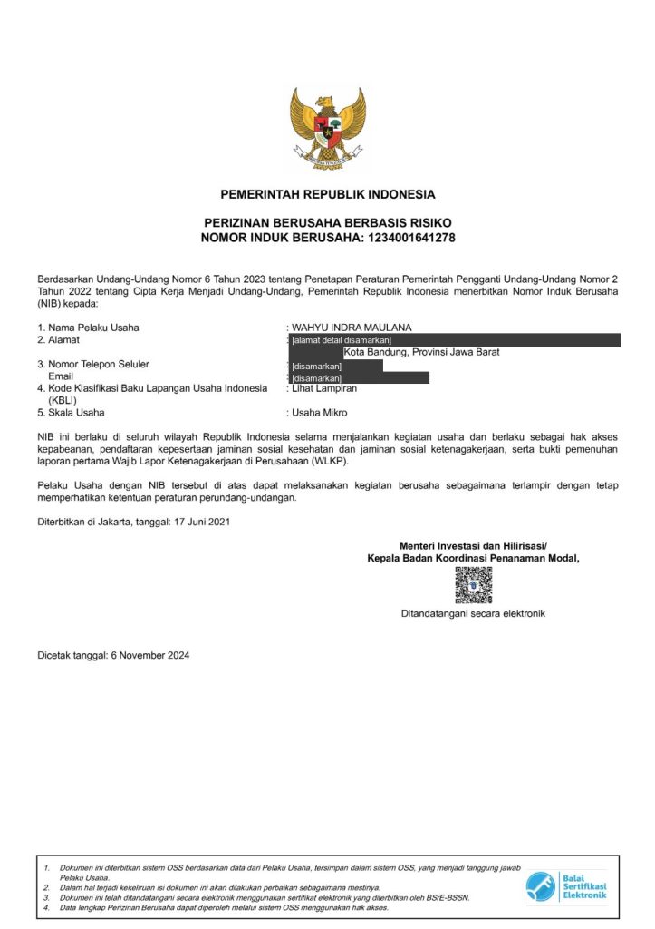 Dokumen Perizinan Berusaha Berbasis Risiko / Nomor Induk Berusaha 1234001641278 atas nama pelaku usaha perorangan, data kontak pribadi disamarkan