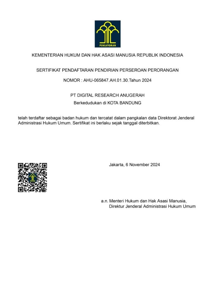 Sertifikat Pendaftaran Pendirian Perseroan Perorangan PT Digital Research Anugerah dari Kementerian Hukum dan HAM RI, Nomor AHU-065847.AH.01.30.Tahun 2024